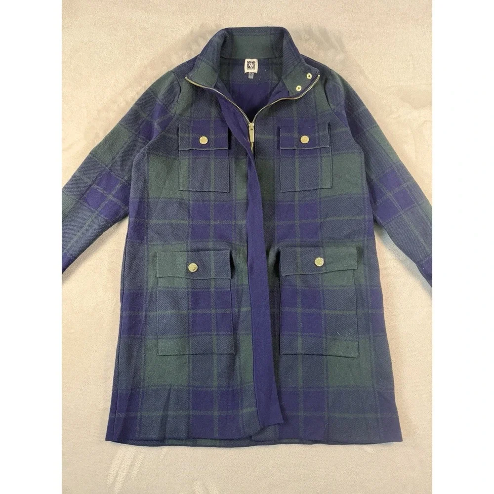 Anne Klein Plaid Sweater Jacket Womens Medium Blue Green Tartan Zip Up Mock Neck